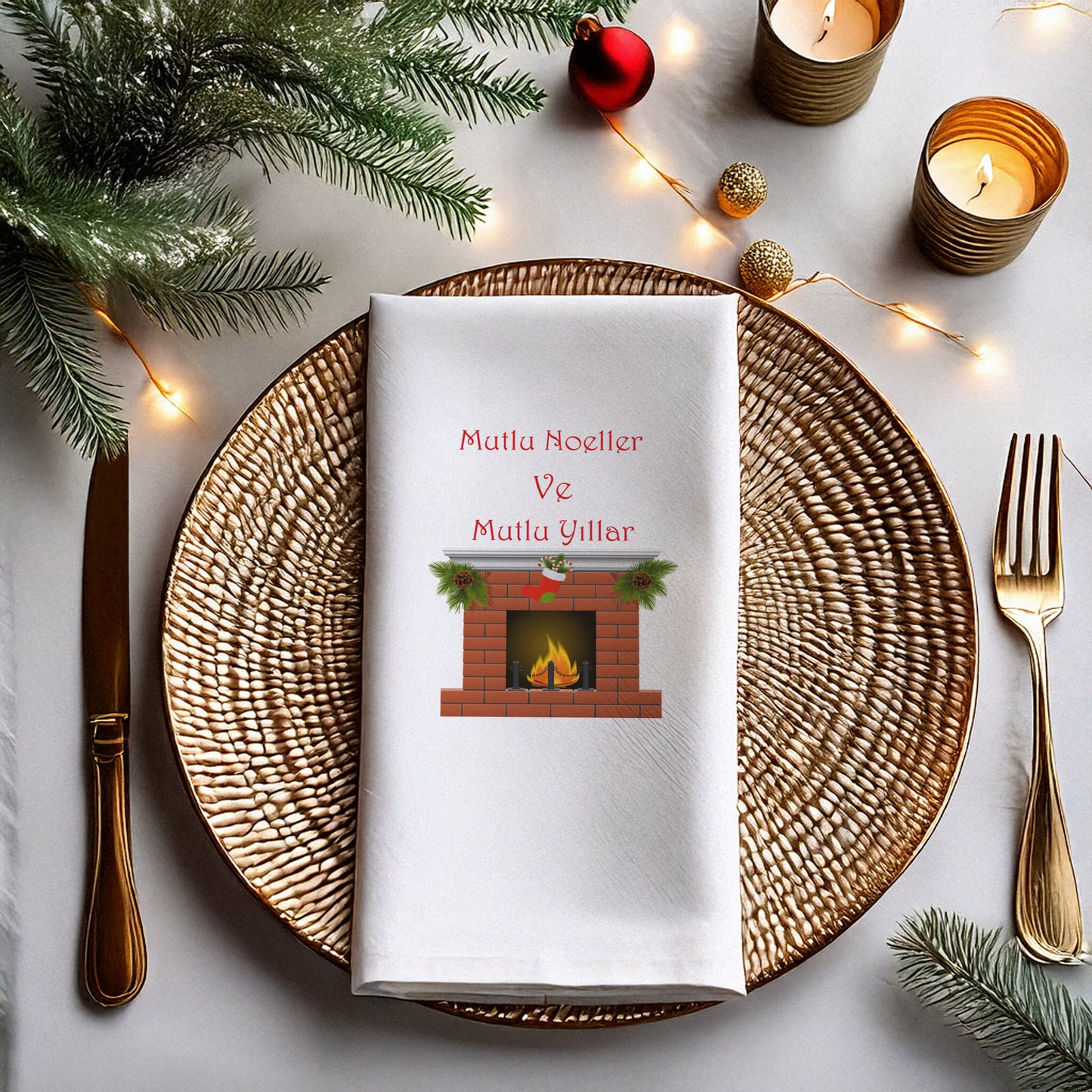 Mutlu Noeller ve Mutlu Yıllar Şömine Baskılı Yılbaşı Peçetesi – 33x33 cm Çift Katlı, 20’li Paket