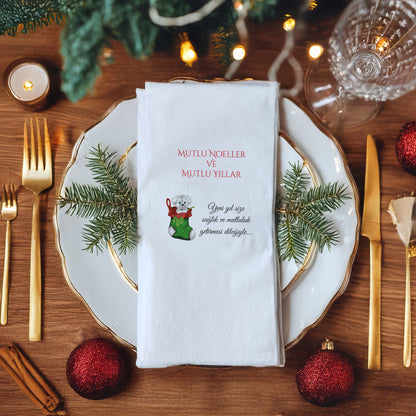 Mutlu Noeller ve Mutlu Yıllar Ayı Çorap Desenli Yılbaşı Peçetesi – 33x33 cm Çift Katlı, 20’li Paket