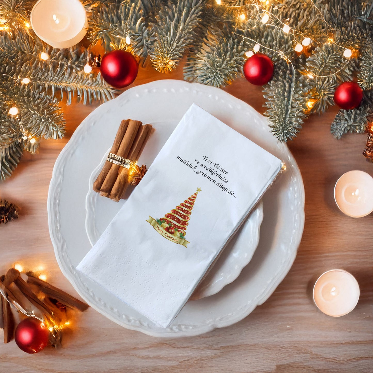 Yılbaşı Ağaç Desenli Merry Christmas Baskılı Peçete – 20’li | 33x33cm Çift Katlı Selülozik | Kidzia