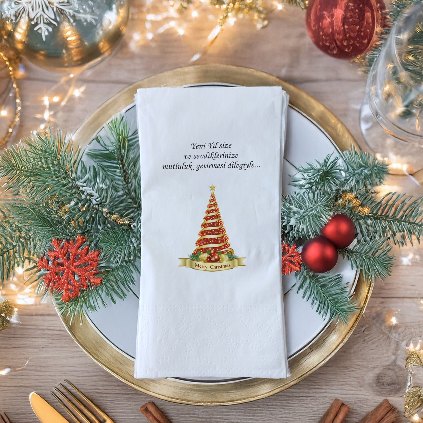 Yılbaşı Ağaç Desenli Merry Christmas Baskılı Peçete – 20’li | 33x33cm Çift Katlı Selülozik | Kidzia