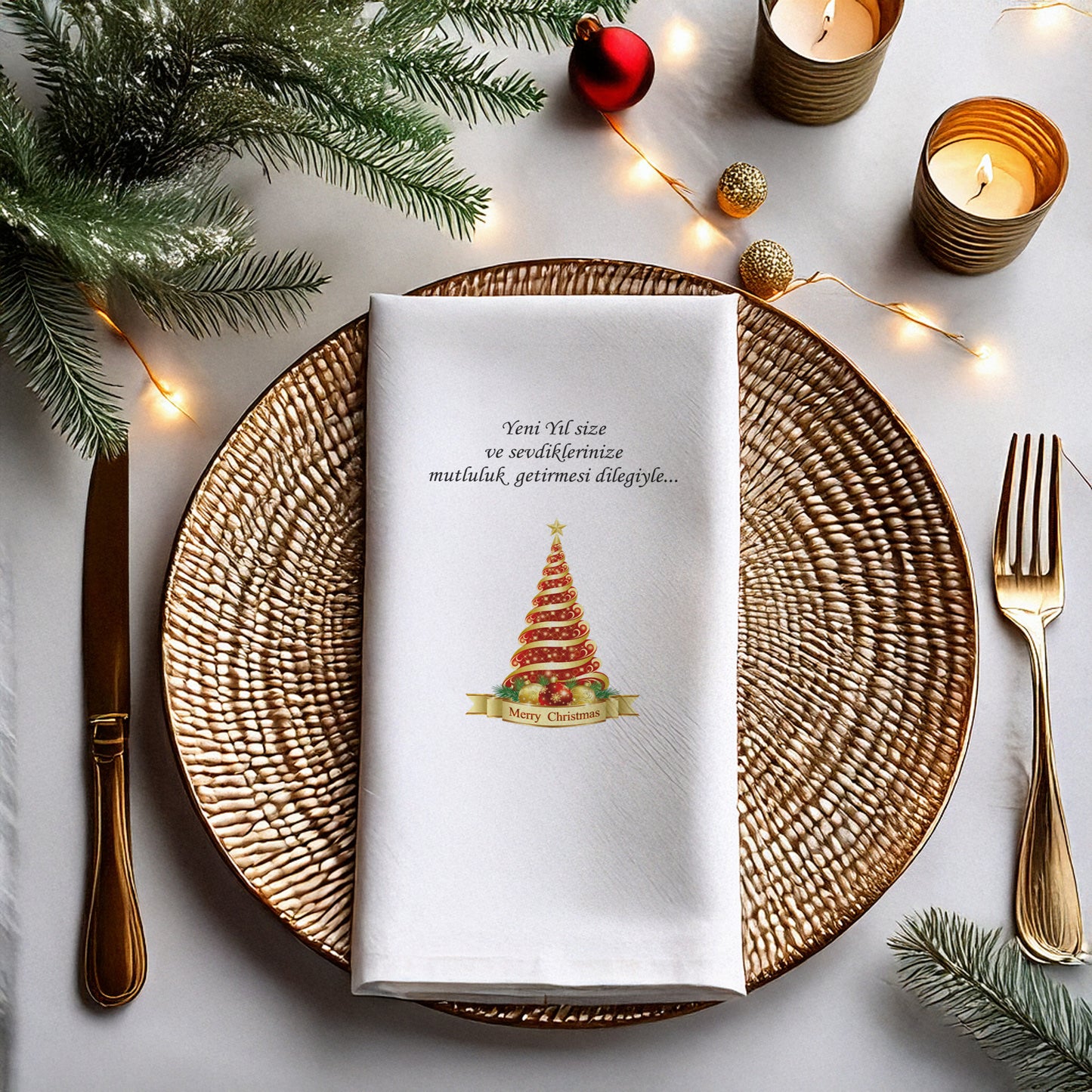 Yılbaşı Ağaç Desenli Merry Christmas Baskılı Peçete – 20’li | 33x33cm Çift Katlı Selülozik | Kidzia