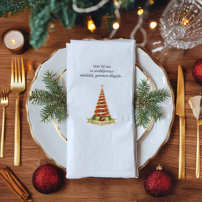 Yılbaşı Ağaç Desenli Merry Christmas Baskılı Peçete – 20’li | 33x33cm Çift Katlı Selülozik | Kidzia