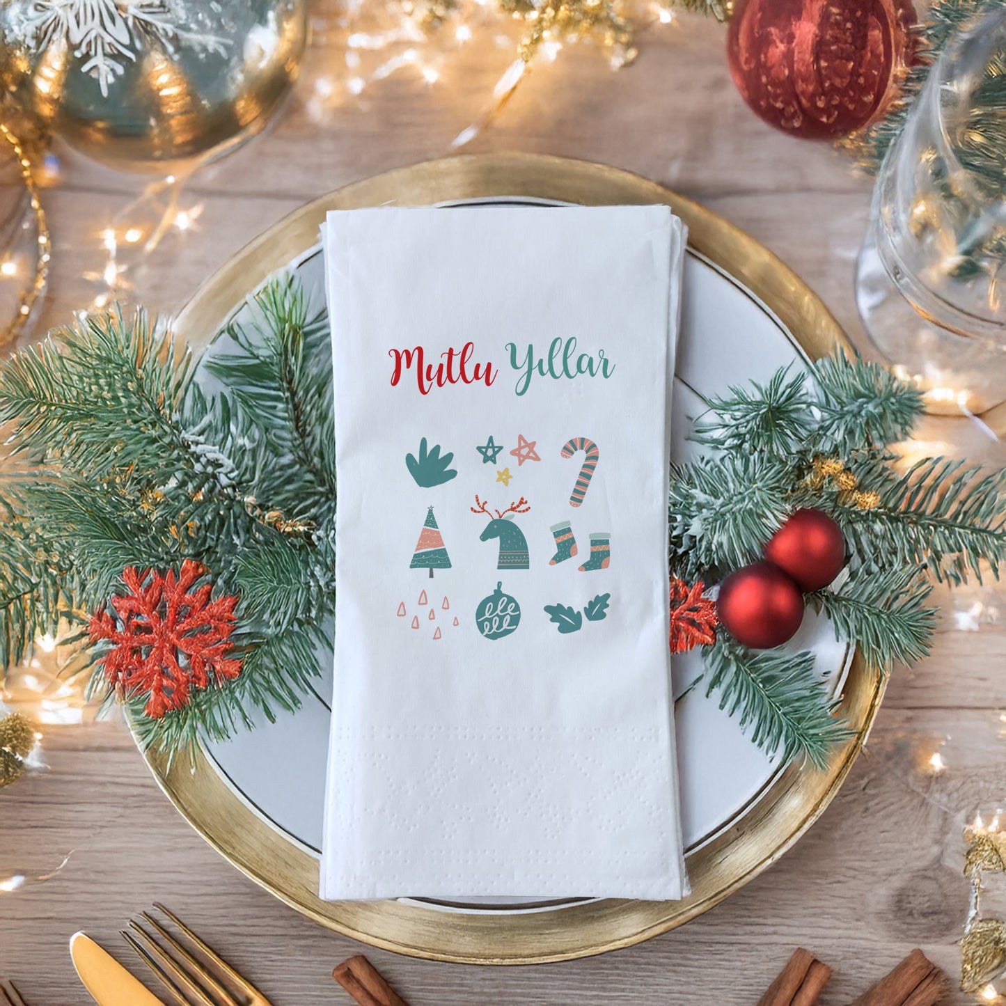 Mutlu Yıllar Yeni Yıl İkonları Desenli Baskılı Peçete – 20’li | 33x33cm Çift Katlı Selülozik | Kidzia 2026