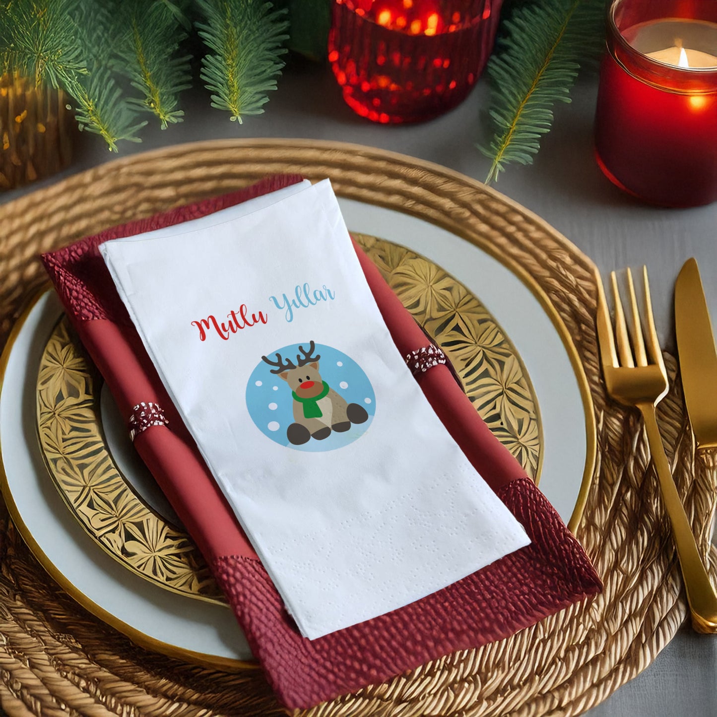 Mutlu Yıllar Sevimli Geyik Desenli Yılbaşı Peçetesi – 20’li | 33x33cm Çift Katlı Selülozik | Kidzia 2026