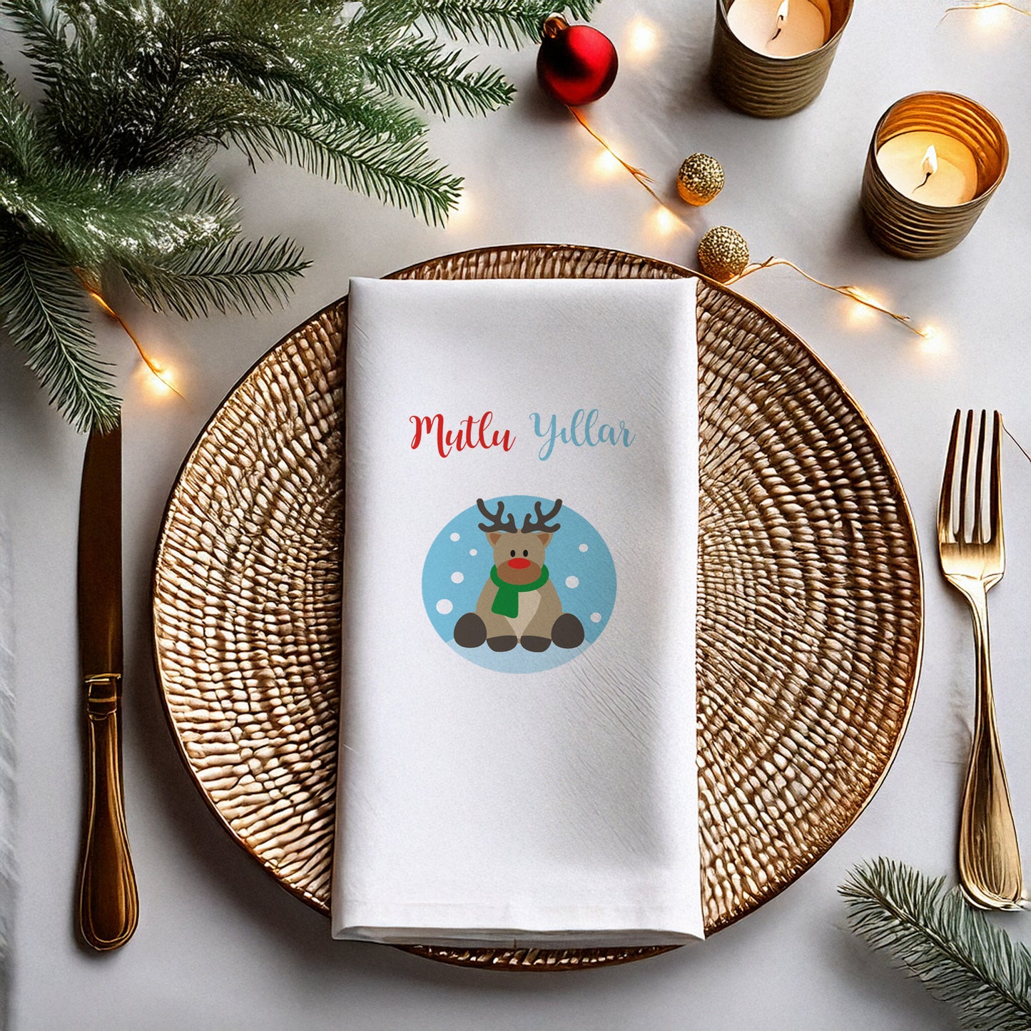 Mutlu Yıllar Sevimli Geyik Desenli Yılbaşı Peçetesi – 20’li | 33x33cm Çift Katlı Selülozik | Kidzia 2026