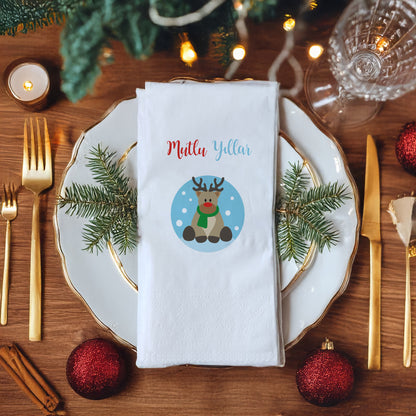 Mutlu Yıllar Sevimli Geyik Desenli Yılbaşı Peçetesi – 20’li | 33x33cm Çift Katlı Selülozik | Kidzia 2026