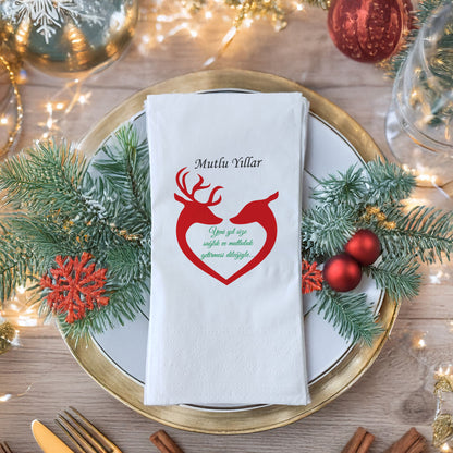 Mutlu Yıllar Kırmızı Geyik & Kalp Desenli Yeni Yıl Peçetesi – 20’li | 33x33cm Çift Katlı Selülozik | Kidzia 2026