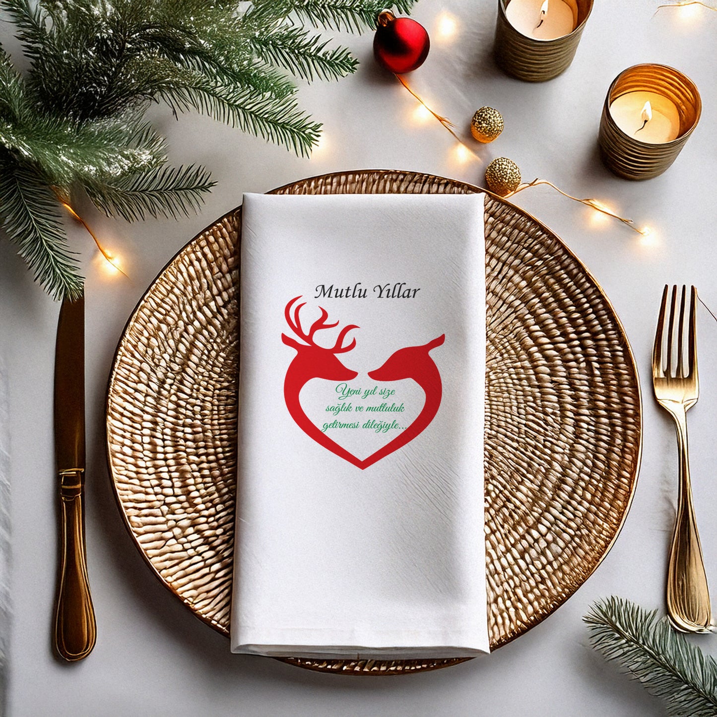 Mutlu Yıllar Kırmızı Geyik & Kalp Desenli Yeni Yıl Peçetesi – 20’li | 33x33cm Çift Katlı Selülozik | Kidzia 2026