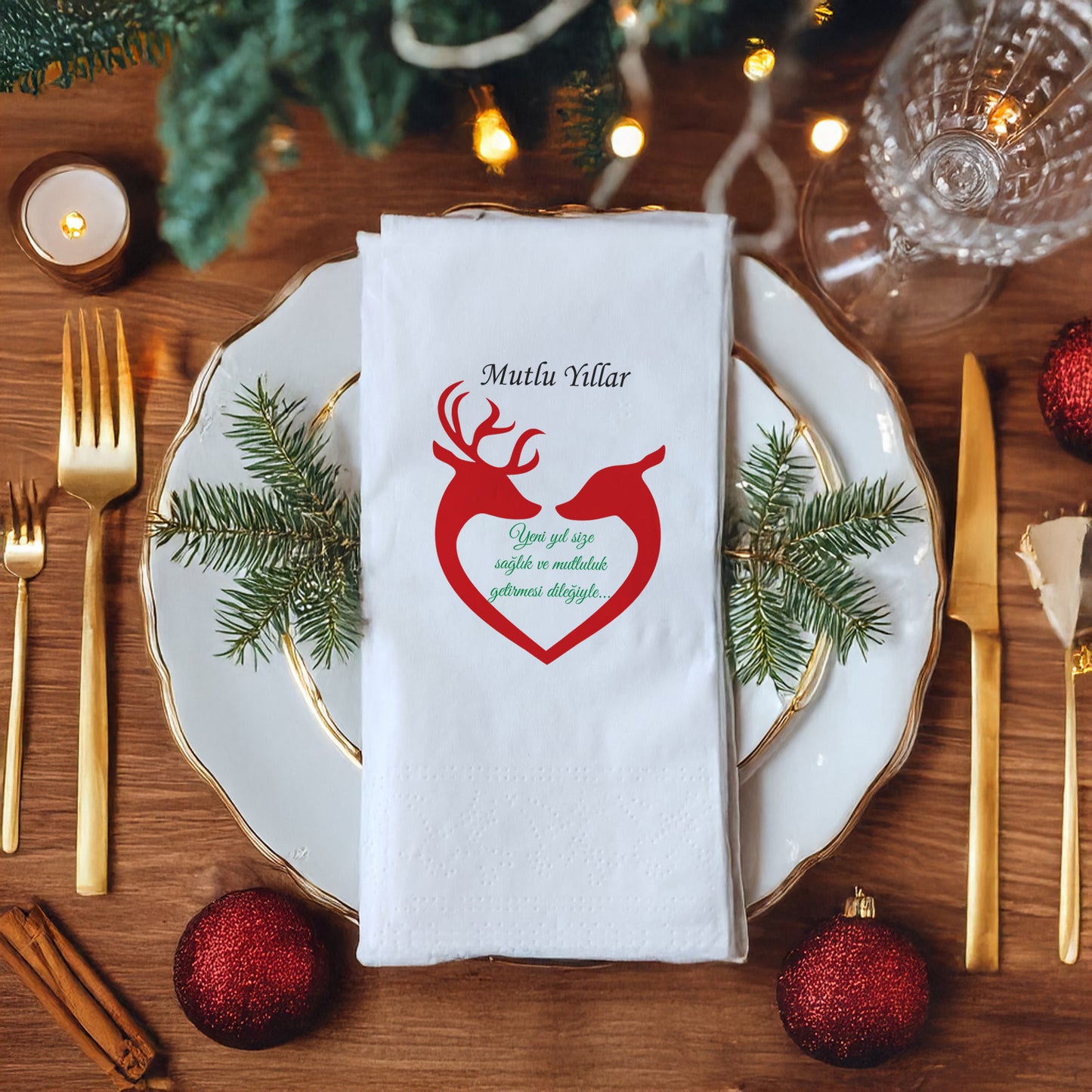 Mutlu Yıllar Kırmızı Geyik & Kalp Desenli Yeni Yıl Peçetesi – 20’li | 33x33cm Çift Katlı Selülozik | Kidzia 2026