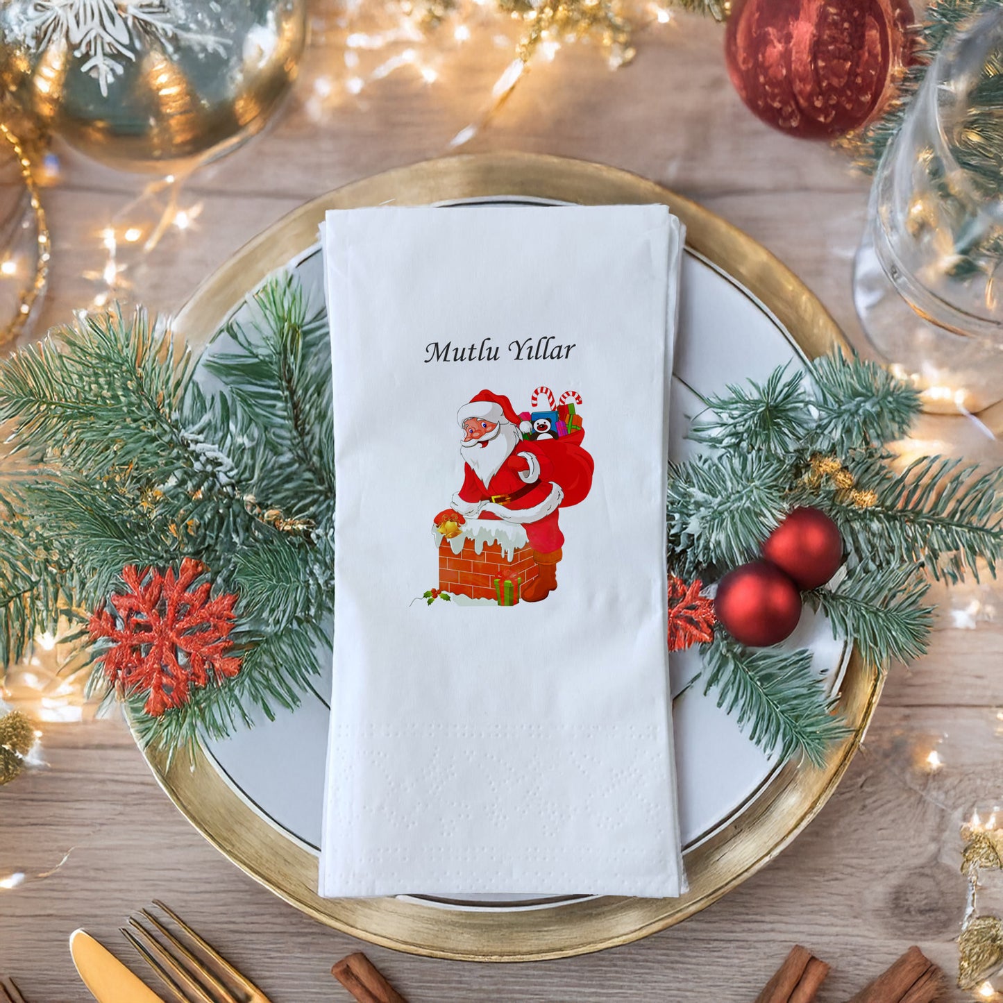 Mutlu Yıllar Noel Baba Bacadan Çıkıyor Desenli Yılbaşı Peçetesi – 20’li | 33x33cm Çift Katlı Selülozik | Kidzia 2026
