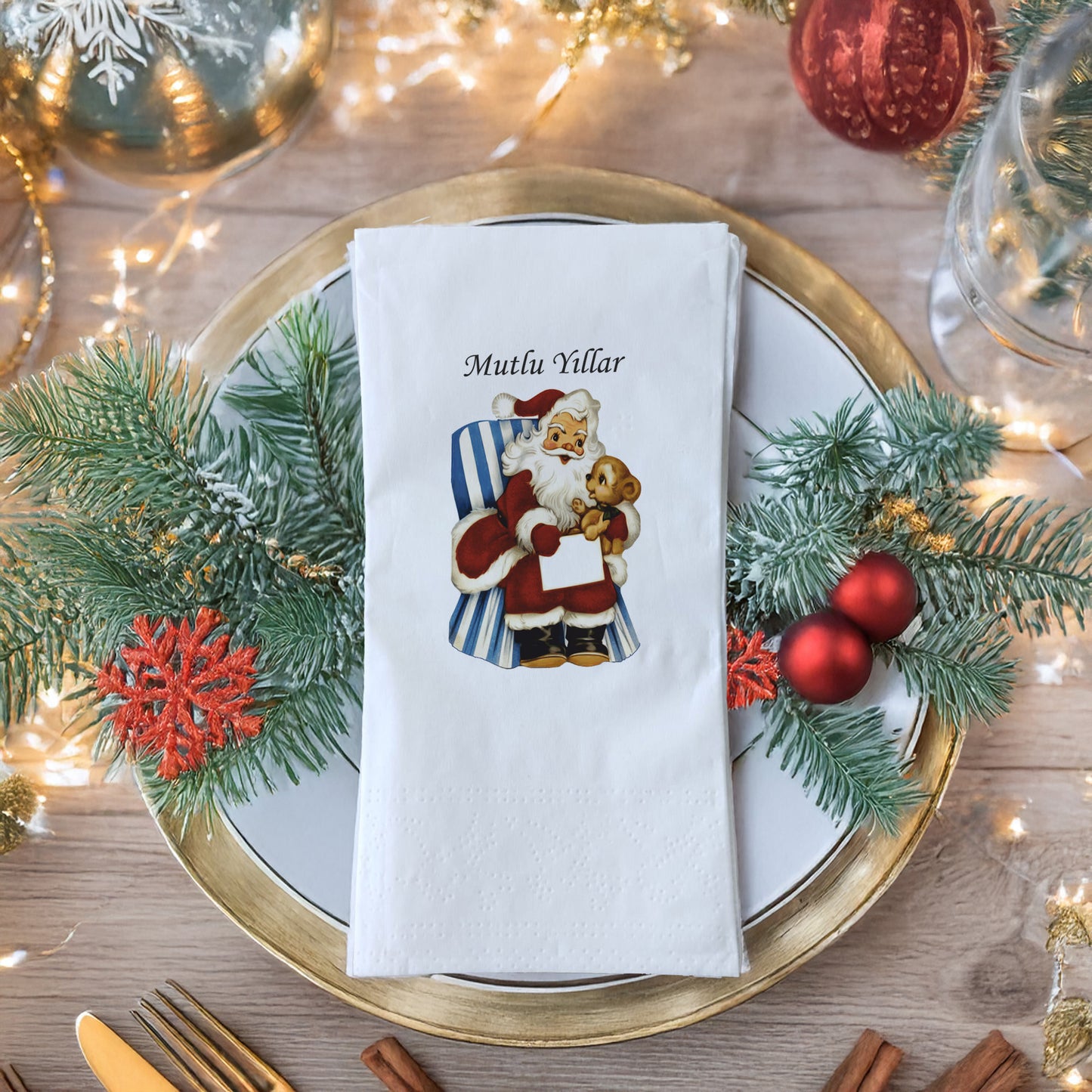 Mutlu Yıllar Vintage Noel Baba & Oyuncak Ayı Desenli Yılbaşı Peçetesi – 20’li | 33x33cm Çift Katlı Selülozik | Kidzia 2026