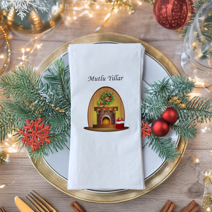 Mutlu Yıllar Şömine Desenli Yılbaşı Temalı Baskılı Peçete – 33x33cm Çift Katlı (20’li Paket)
