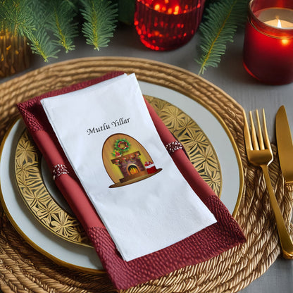 Mutlu Yıllar Şömine Desenli Yılbaşı Temalı Baskılı Peçete – 33x33cm Çift Katlı (20’li Paket)