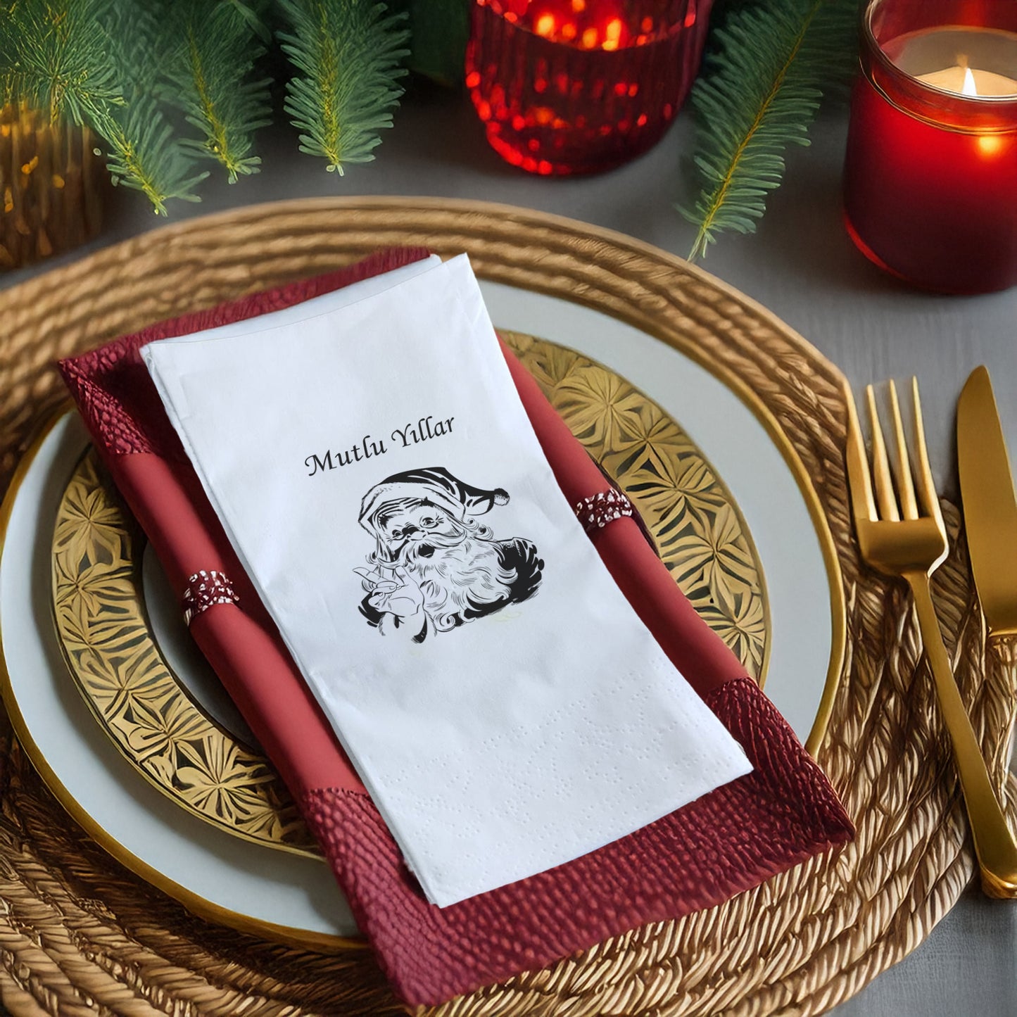 Mutlu Yıllar Siyah Beyaz Vintage Noel Baba Baskılı Yılbaşı Peçete – 33x33cm Çift Katlı (20’li Paket)