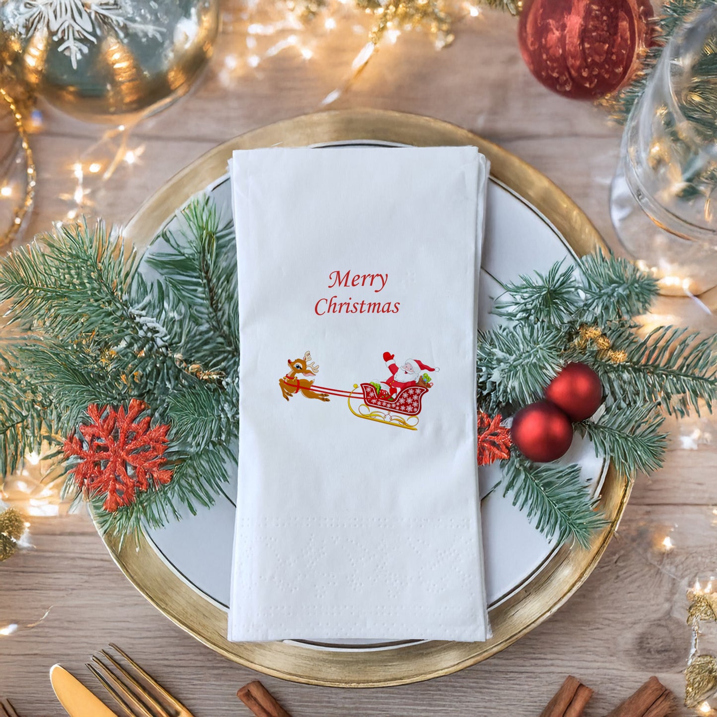 Merry Christmas Kızaklı Noel Baba ve Ren Geyiği Desenli Yılbaşı Peçetesi – 33x33cm 20’li