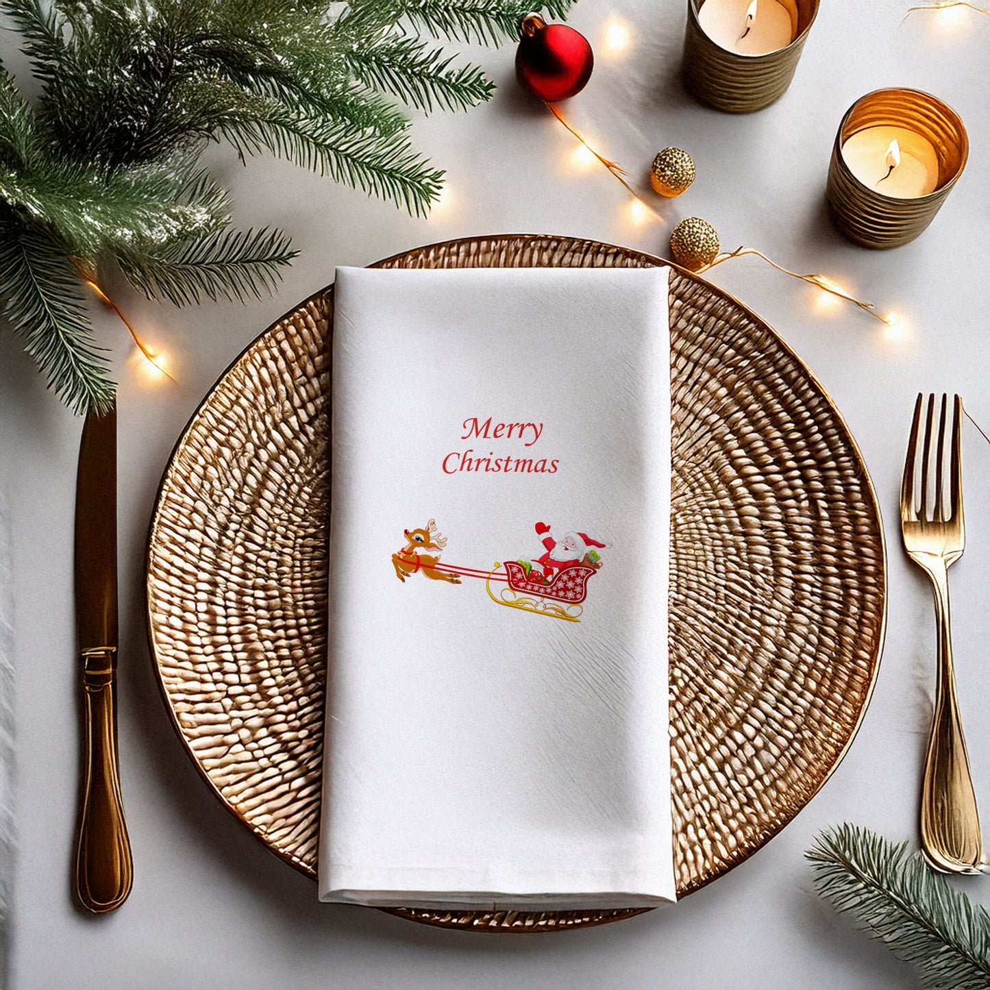 Merry Christmas Kızaklı Noel Baba ve Ren Geyiği Desenli Yılbaşı Peçetesi – 33x33cm 20’li