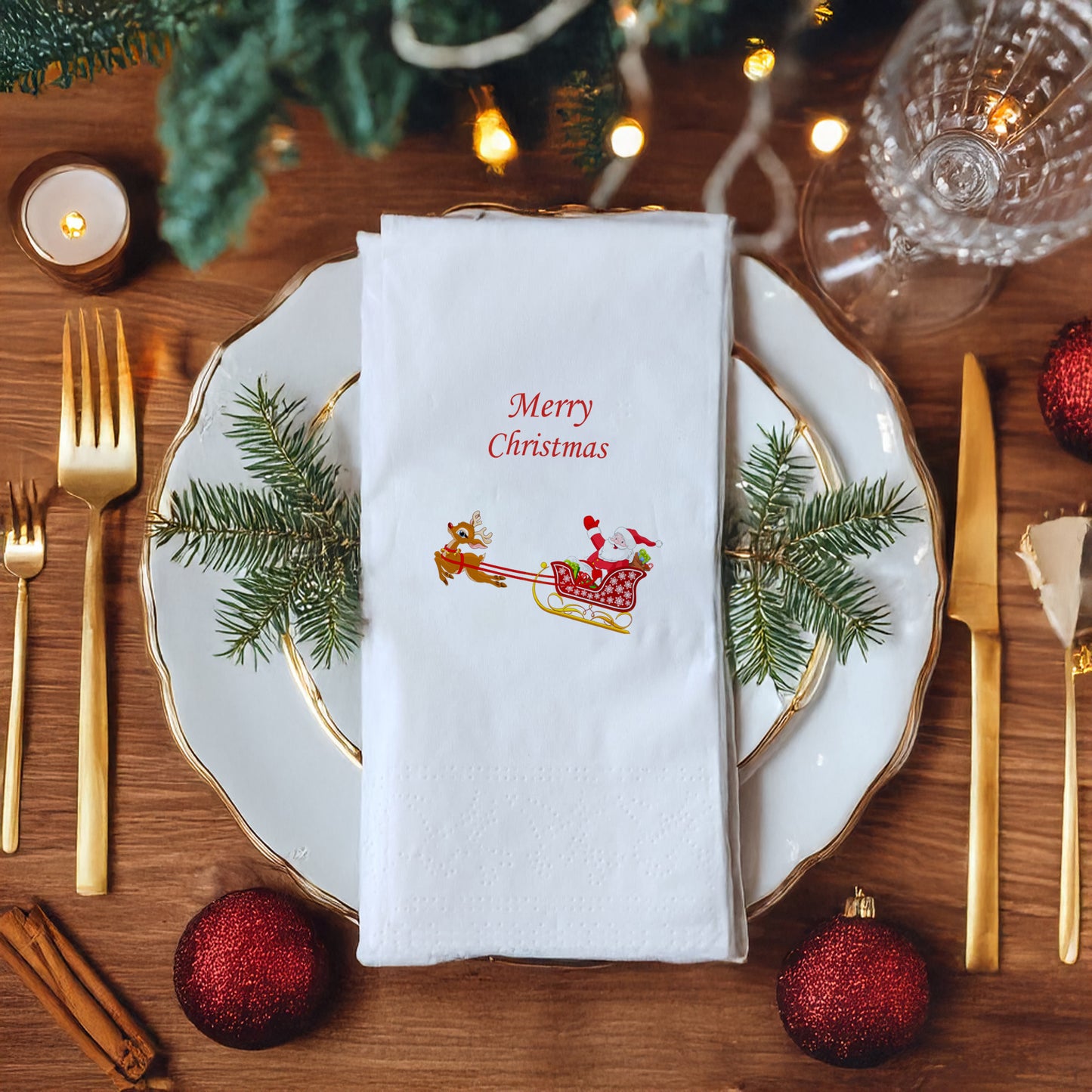 Merry Christmas Kızaklı Noel Baba ve Ren Geyiği Desenli Yılbaşı Peçetesi – 33x33cm 20’li