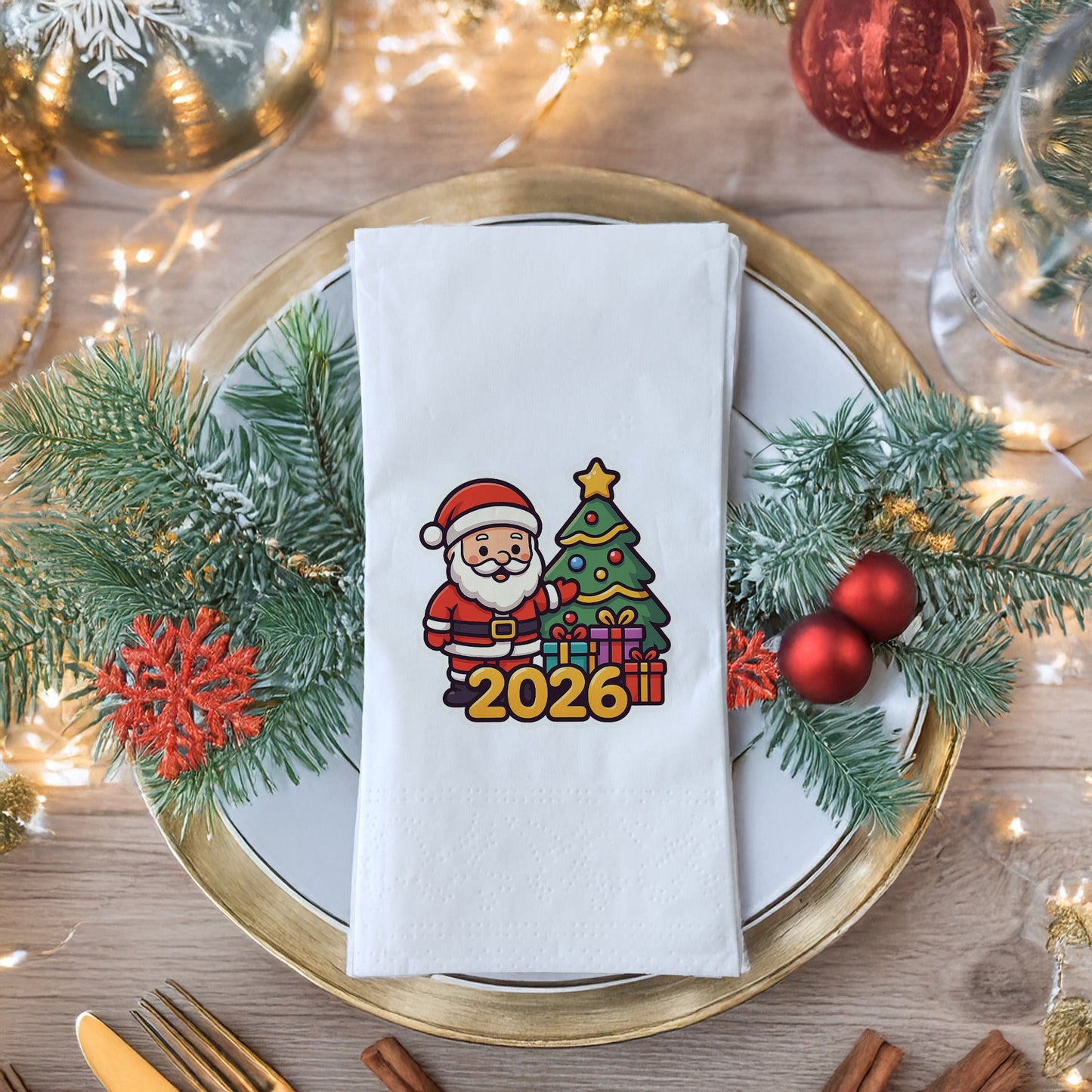 Yılbaşı Desenli Baskılı Peçete – Noel Baba & Çam Ağacı Temalı 2026 Yeni Yıl Sofrası Peçetesi | 20’li, 33x33 cm