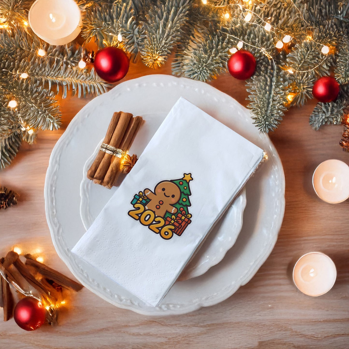 Zencefilli Kurabiye Adam Temalı Yılbaşı Peçetesi – 2026 Baskılı Yeni Yıl Sofra Peçetesi | 33x33 cm, 20’li Paket