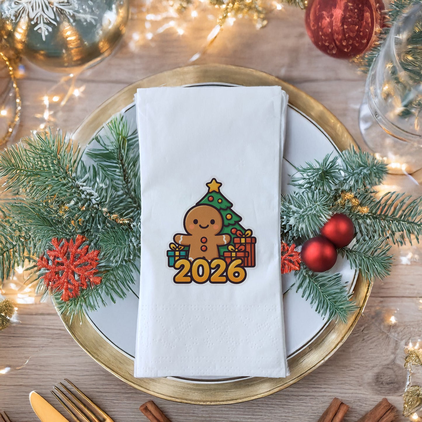 Zencefilli Kurabiye Adam Temalı Yılbaşı Peçetesi – 2026 Baskılı Yeni Yıl Sofra Peçetesi | 33x33 cm, 20’li Paket