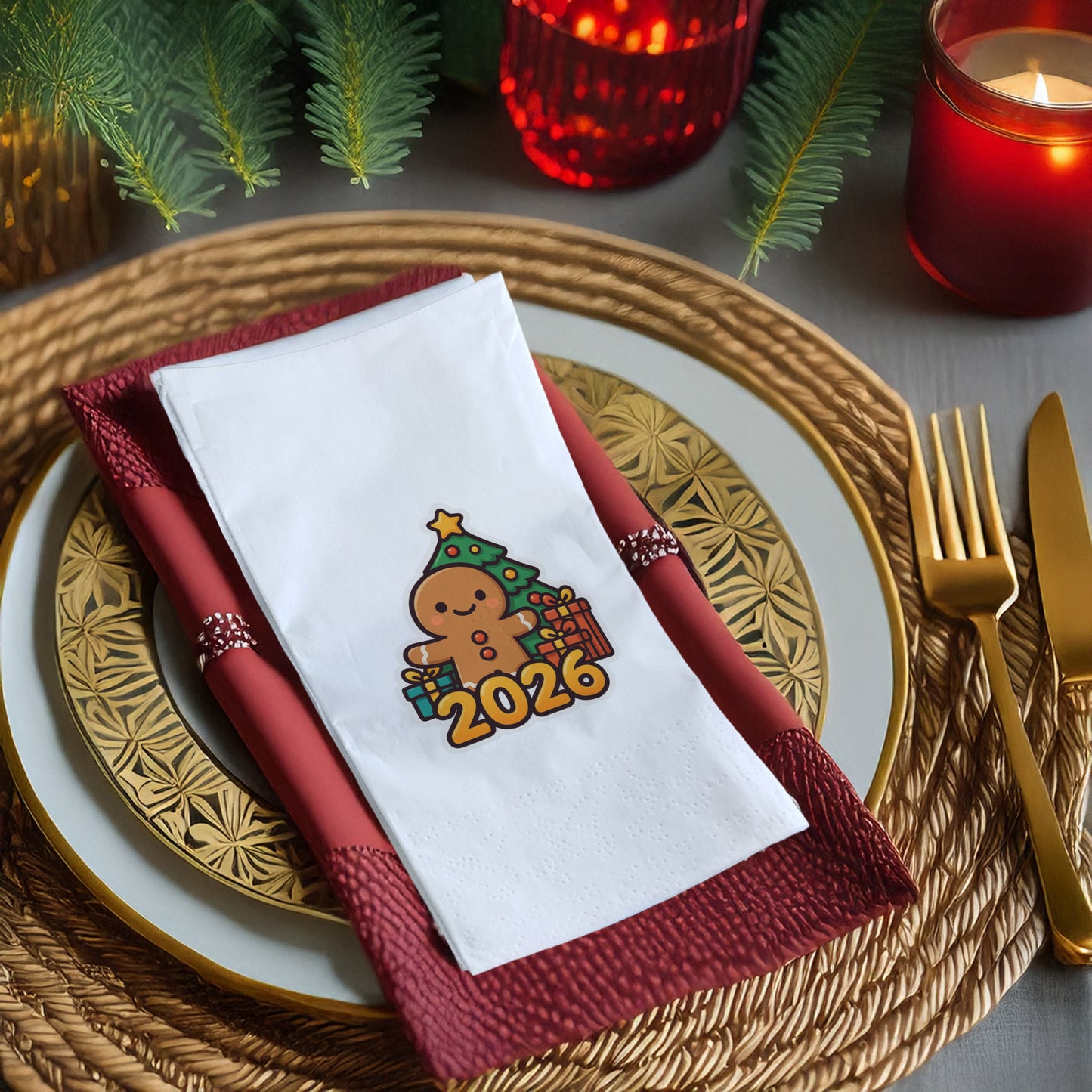 Zencefilli Kurabiye Adam Temalı Yılbaşı Peçetesi – 2026 Baskılı Yeni Yıl Sofra Peçetesi | 33x33 cm, 20’li Paket