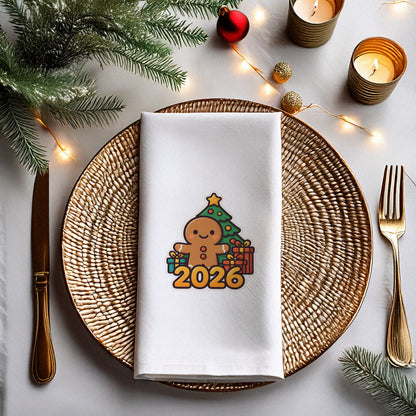 Zencefilli Kurabiye Adam Temalı Yılbaşı Peçetesi – 2026 Baskılı Yeni Yıl Sofra Peçetesi | 33x33 cm, 20’li Paket