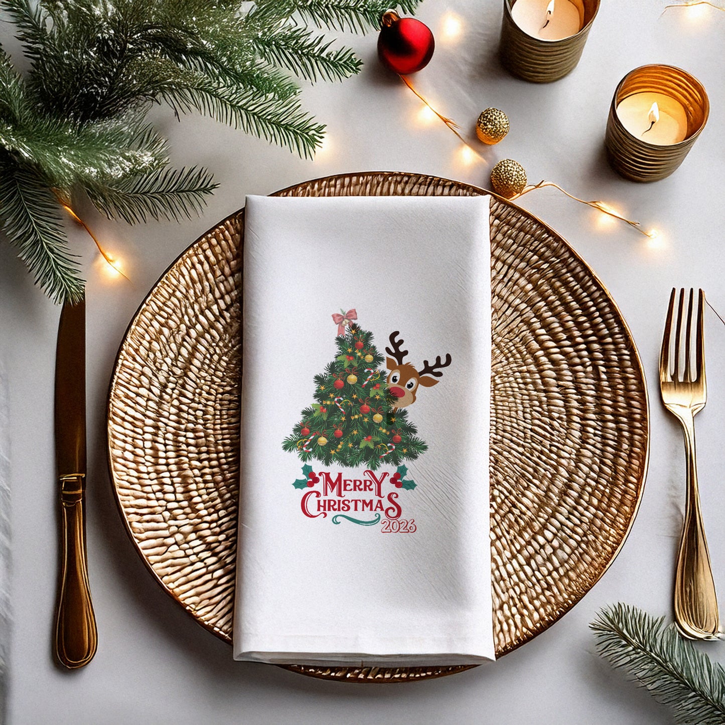 Merry Christmas 2026 Yılbaşı Peçetesi – Çam Ağacı ve Geyik Temalı Baskılı Peçete | 33x33 cm, 20’li Paket