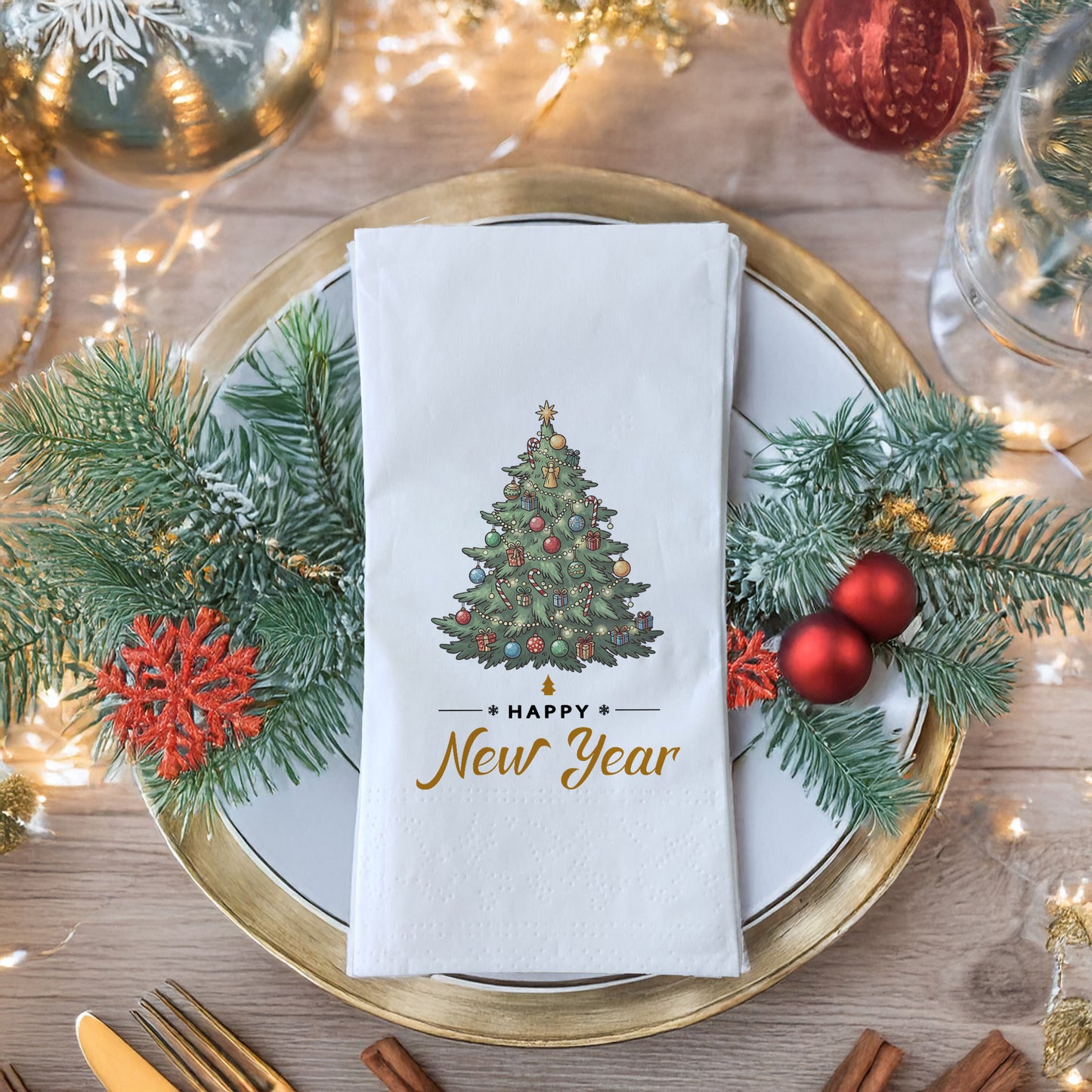 Happy New Year Baskılı Yılbaşı Peçetesi – Süslemeli Çam Ağacı Temalı Yeni Yıl Peçetesi | 33x33 cm, 20’li Paket