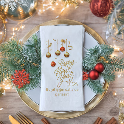 Altın Detaylı Happy New Year 2026 Peçetesi – Yılbaşı Süsleri ve Işıltılı Mesaj Baskılı Peçete | 33x33 cm, 20’li Paket