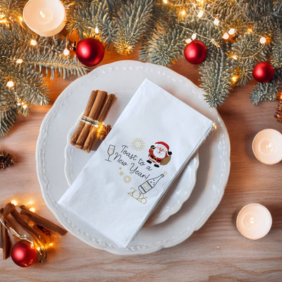 Toast to a New Year 2026 Peçetesi – Santa, Şampanya ve Yılbaşı Fişekli Eğlenceli Yılbaşı Peçetesi | 33x33 cm, 20’li Paket