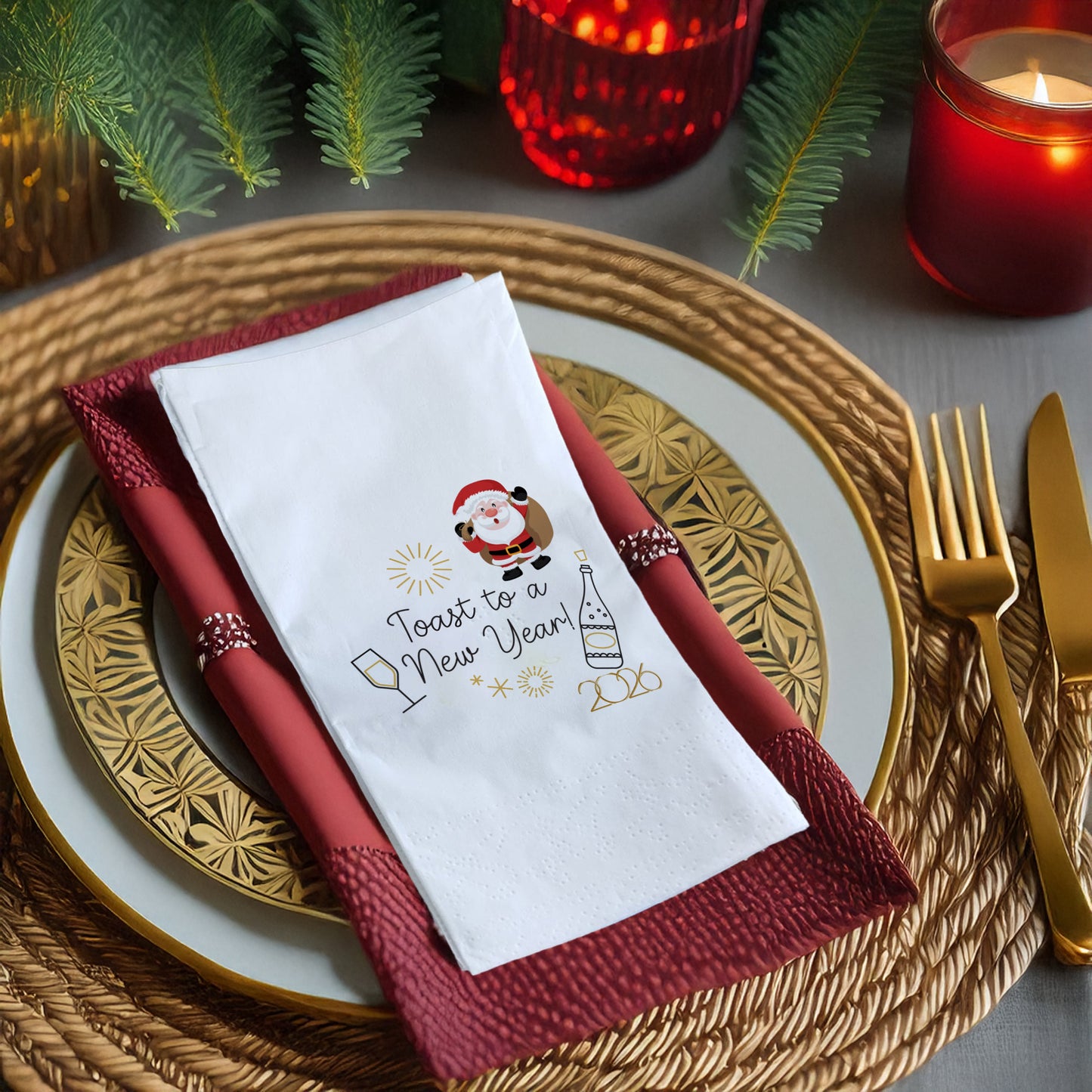 Toast to a New Year 2026 Peçetesi – Santa, Şampanya ve Yılbaşı Fişekli Eğlenceli Yılbaşı Peçetesi | 33x33 cm, 20’li Paket