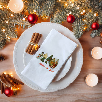Vintage Christmas Köy Temalı Yılbaşı Peçetesi – Santa, Kardan Adam ve Kar Manzaralı Happy New Year Peçete | 33x33 cm, 20’li Paket