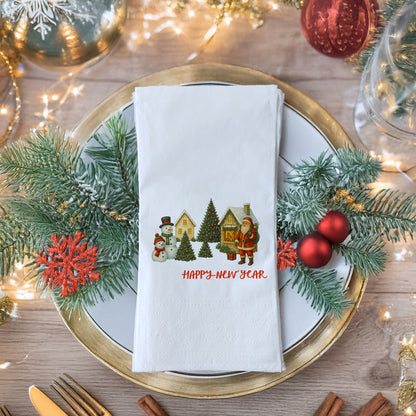 Vintage Christmas Köy Temalı Yılbaşı Peçetesi – Santa, Kardan Adam ve Kar Manzaralı Happy New Year Peçete | 33x33 cm, 20’li Paket