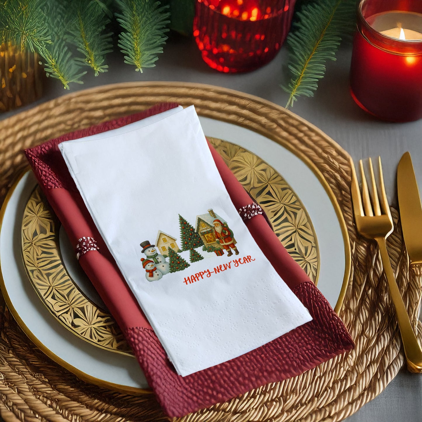 Vintage Christmas Köy Temalı Yılbaşı Peçetesi – Santa, Kardan Adam ve Kar Manzaralı Happy New Year Peçete | 33x33 cm, 20’li Paket