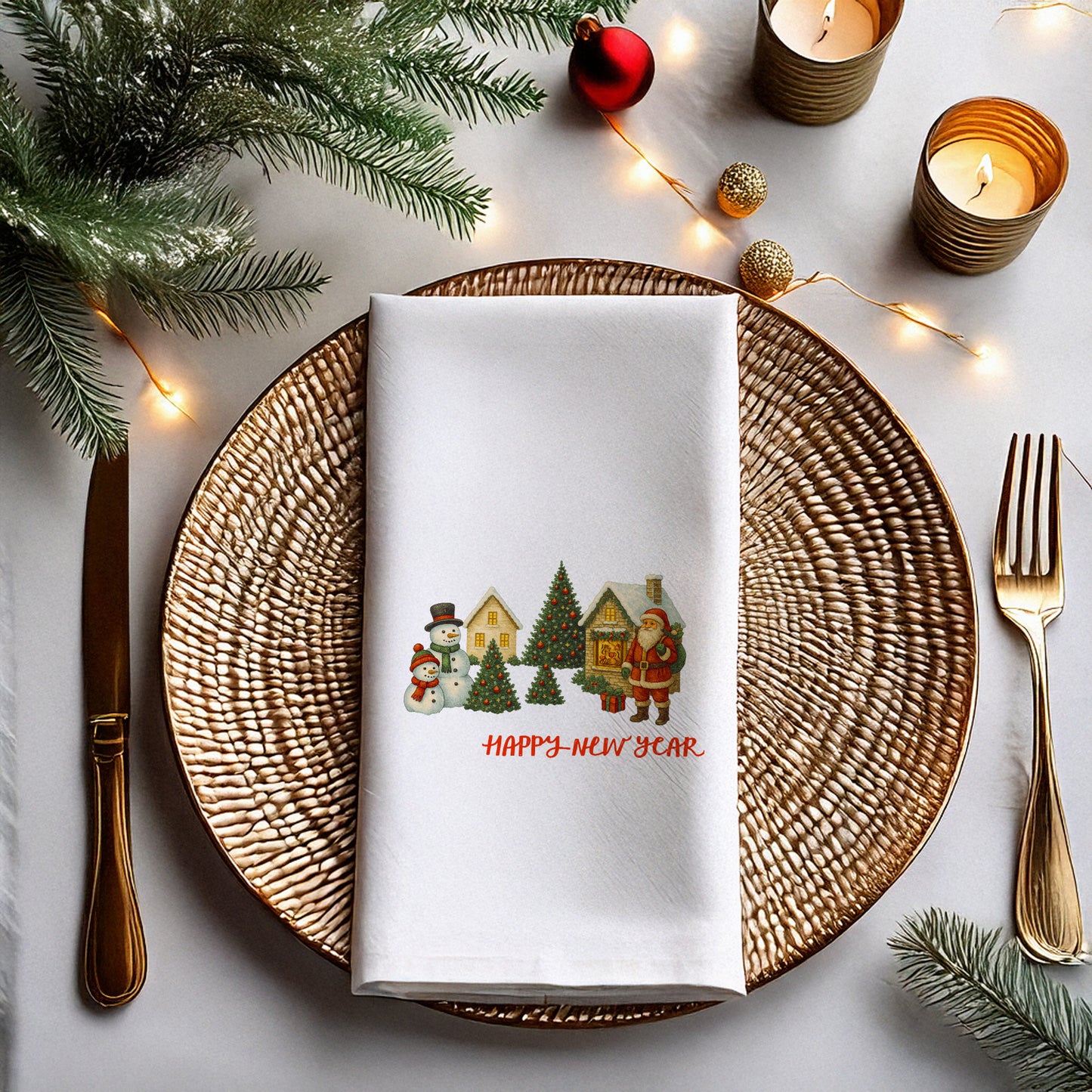 Vintage Christmas Köy Temalı Yılbaşı Peçetesi – Santa, Kardan Adam ve Kar Manzaralı Happy New Year Peçete | 33x33 cm, 20’li Paket