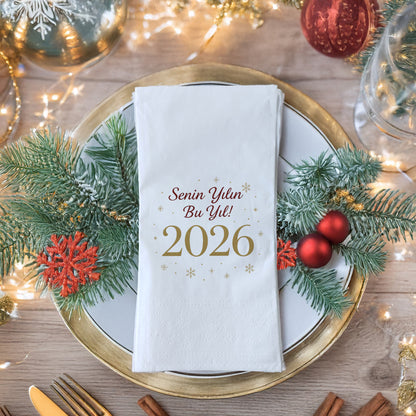 Senin Yılın Bu Yıl 2026 Temalı Yılbaşı Peçetesi – Altın Kar Tanesi Detaylı Yeni Yıl Mesajlı Peçete | 33x33 cm, 20’li Paket
