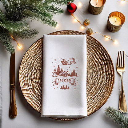 Vintage Çizim 2026 Yılbaşı Peçetesi – Santa, Ren Geyiği ve Kış Köyü Gravür Temalı Minimal Baskılı Peçete | 33x33 cm, 20’li Paket