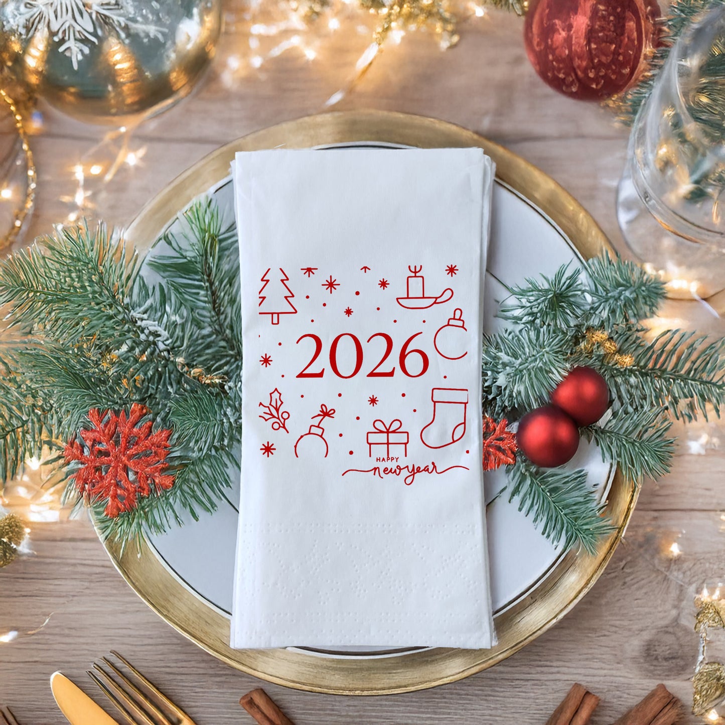 Minimal Çizimli 2026 Yılbaşı Peçetesi – Kırmızı Line Art Happy New Year Temalı Modern Peçete | 33x33 cm, 20’li Paket