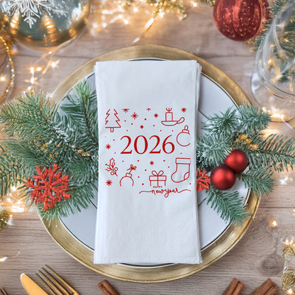 Minimal Çizimli 2026 Yılbaşı Peçetesi – Kırmızı Line Art Happy New Year Temalı Modern Peçete | 33x33 cm, 20’li Paket