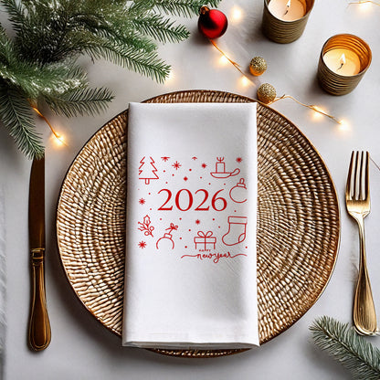 Minimal Çizimli 2026 Yılbaşı Peçetesi – Kırmızı Line Art Happy New Year Temalı Modern Peçete | 33x33 cm, 20’li Paket