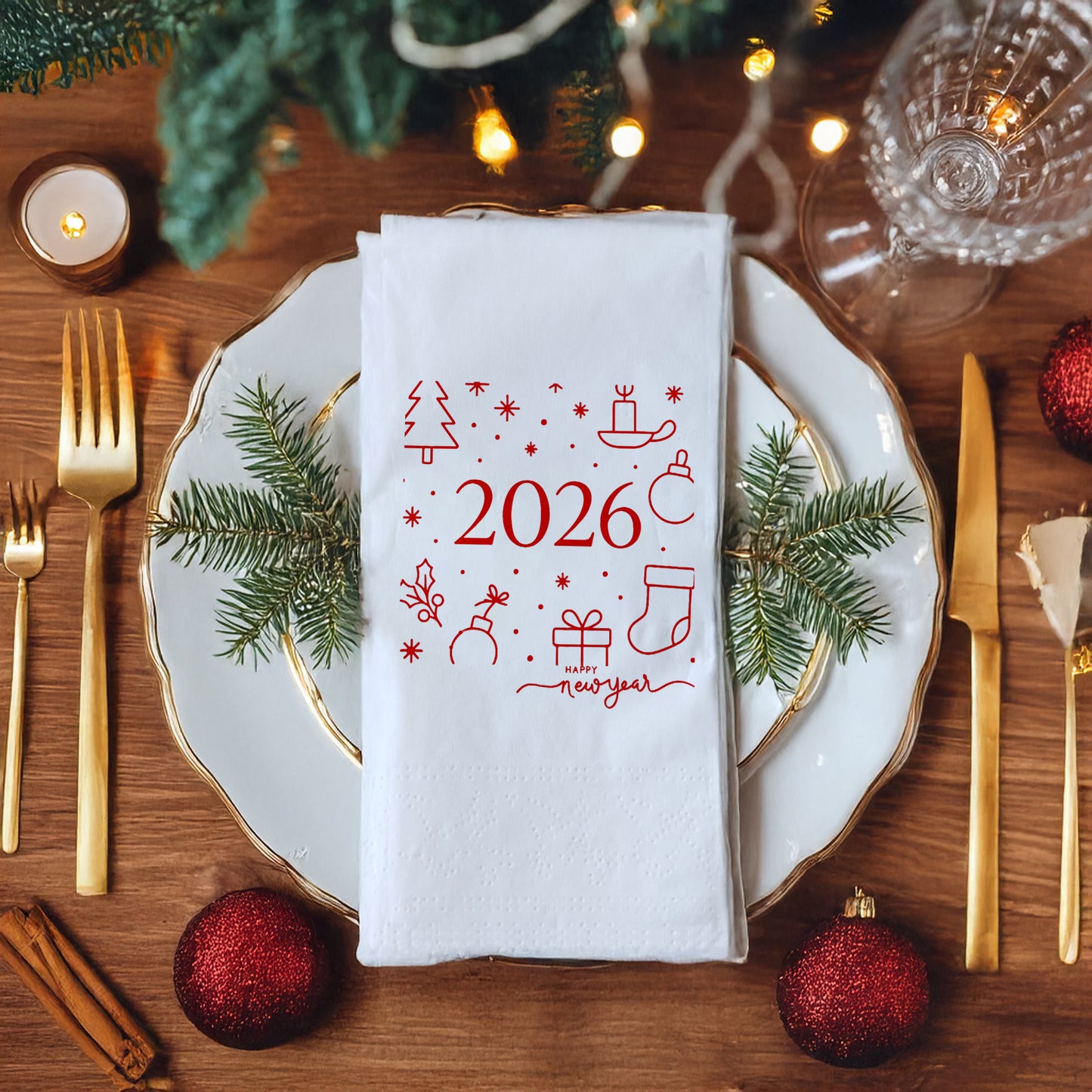 Minimal Çizimli 2026 Yılbaşı Peçetesi – Kırmızı Line Art Happy New Year Temalı Modern Peçete | 33x33 cm, 20’li Paket