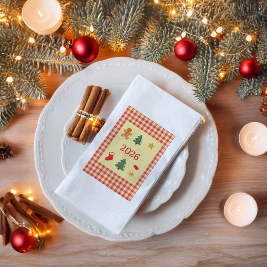 Gingham Kareli 2026 Yılbaşı Peçetesi – Nakış Dokulu Zencefil Kurabiye ve Çam Ağacı Temalı Rustik Christmas Peçete | 33x33 cm, 20’li Paket