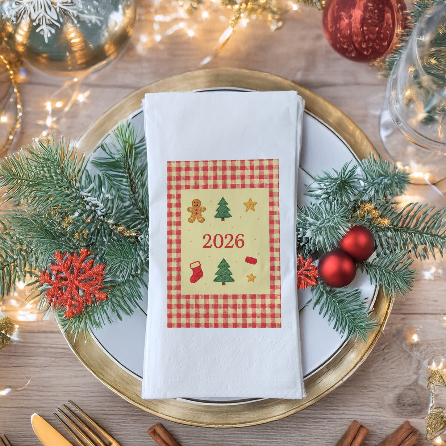 Gingham Kareli 2026 Yılbaşı Peçetesi – Nakış Dokulu Zencefil Kurabiye ve Çam Ağacı Temalı Rustik Christmas Peçete | 33x33 cm, 20’li Paket