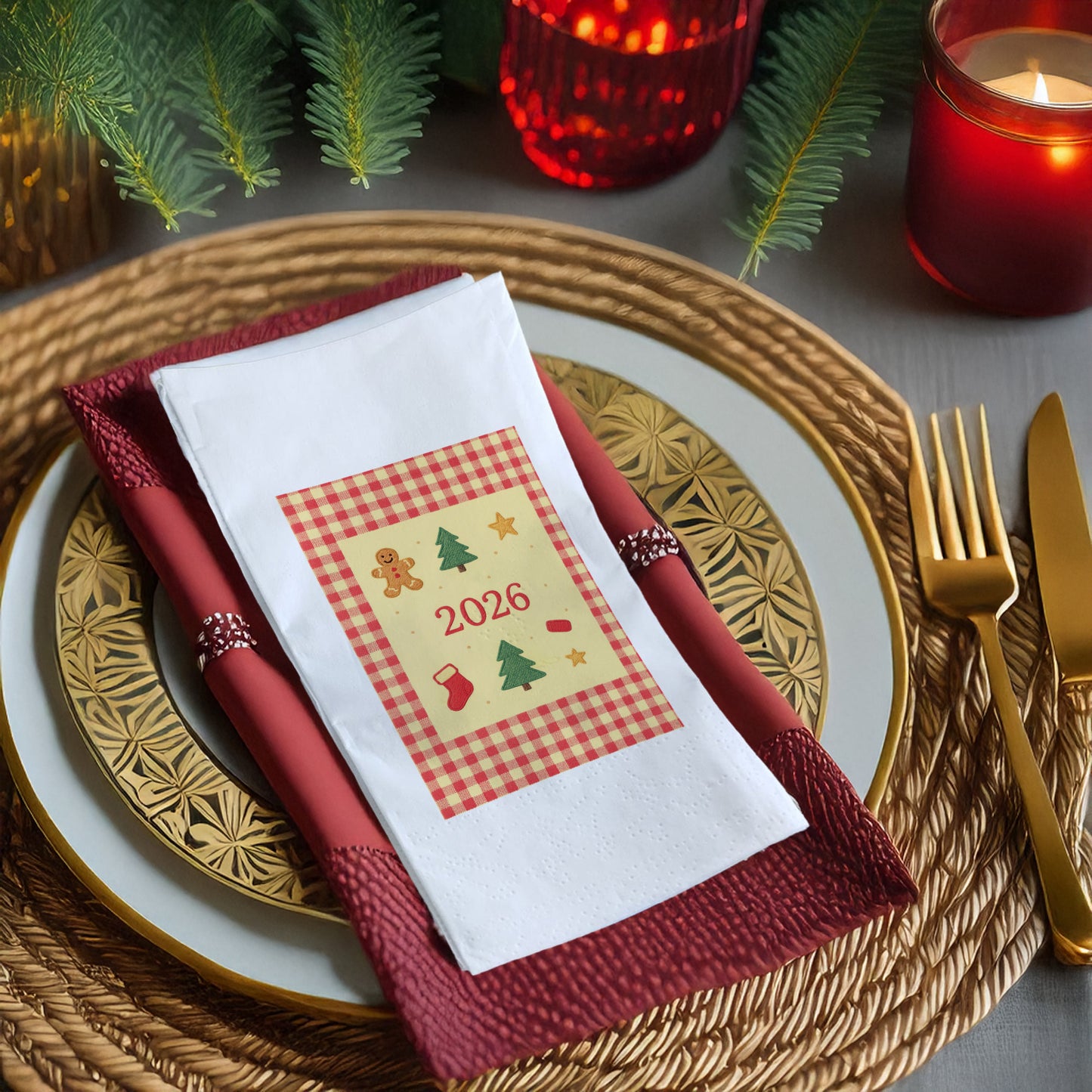 Gingham Kareli 2026 Yılbaşı Peçetesi – Nakış Dokulu Zencefil Kurabiye ve Çam Ağacı Temalı Rustik Christmas Peçete | 33x33 cm, 20’li Paket