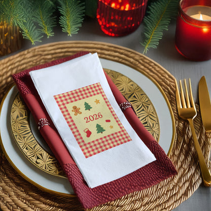Gingham Kareli 2026 Yılbaşı Peçetesi – Nakış Dokulu Zencefil Kurabiye ve Çam Ağacı Temalı Rustik Christmas Peçete | 33x33 cm, 20’li Paket
