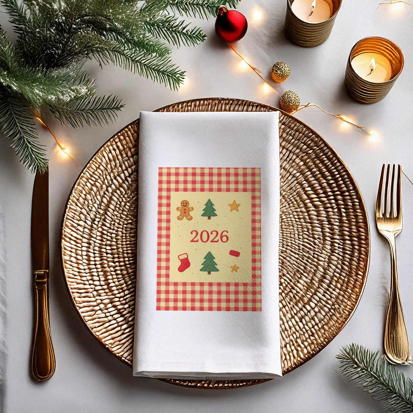 Gingham Kareli 2026 Yılbaşı Peçetesi – Nakış Dokulu Zencefil Kurabiye ve Çam Ağacı Temalı Rustik Christmas Peçete | 33x33 cm, 20’li Paket