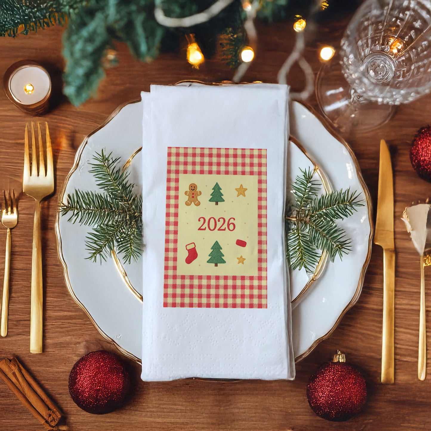 Gingham Kareli 2026 Yılbaşı Peçetesi – Nakış Dokulu Zencefil Kurabiye ve Çam Ağacı Temalı Rustik Christmas Peçete | 33x33 cm, 20’li Paket