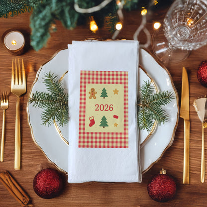 Gingham Kareli 2026 Yılbaşı Peçetesi – Nakış Dokulu Zencefil Kurabiye ve Çam Ağacı Temalı Rustik Christmas Peçete | 33x33 cm, 20’li Paket