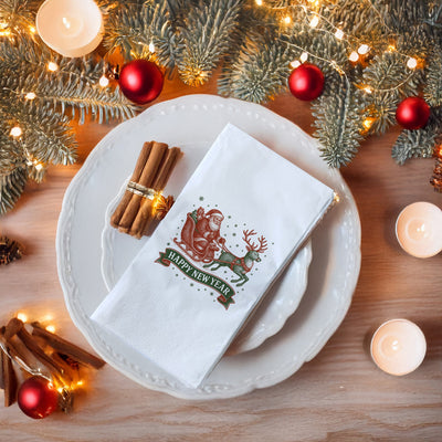 Vintage Nakış Dokulu Happy New Year Peçetesi – Santa & Ren Geyiği Temalı Retro Yılbaşı Peçetesi | 33x33 cm, 20’li Paket