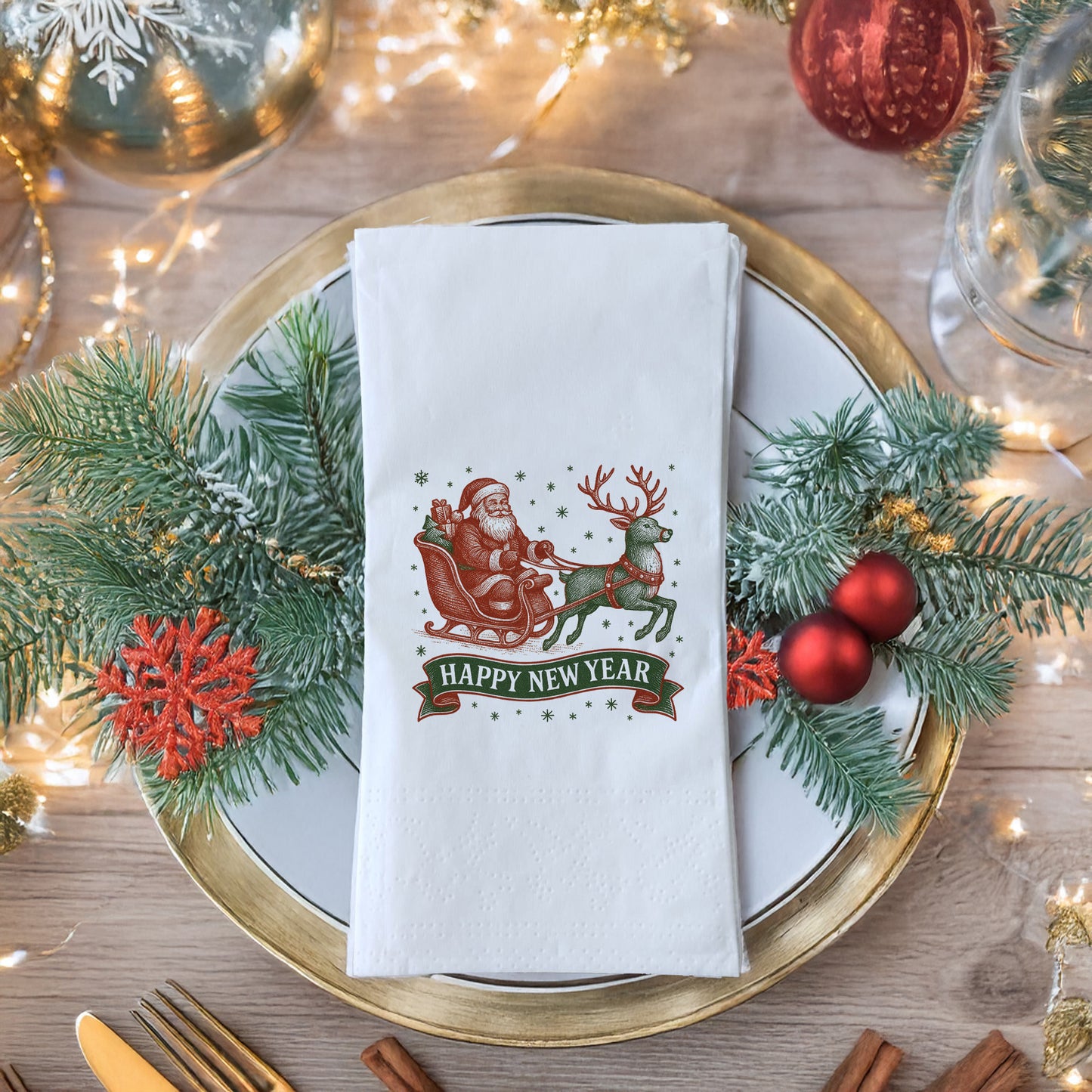 Vintage Nakış Dokulu Happy New Year Peçetesi – Santa & Ren Geyiği Temalı Retro Yılbaşı Peçetesi | 33x33 cm, 20’li Paket